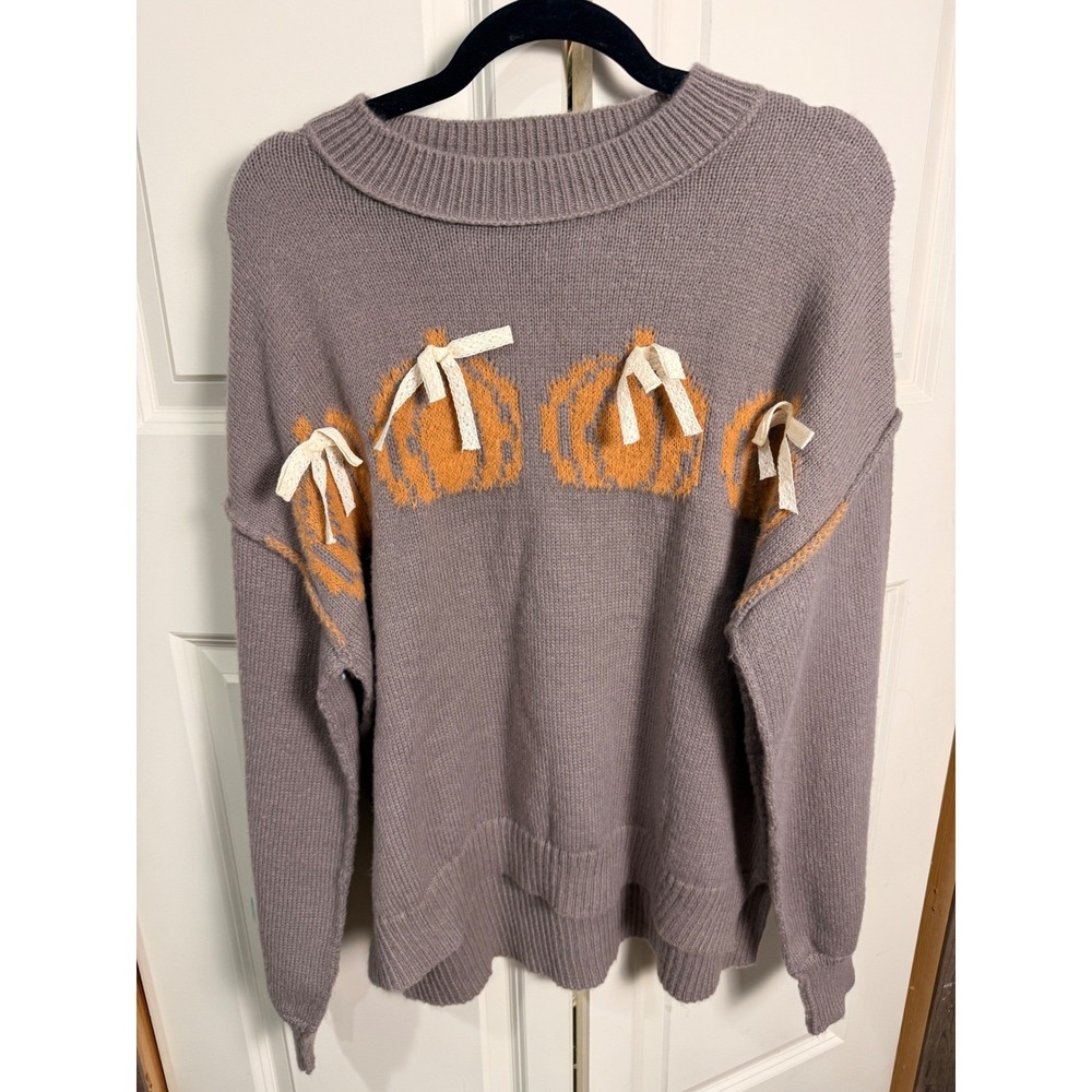 Fantastic Fawn Women Pumpkin Bow Knit Sweater Grey Purple Fall Halloween Large